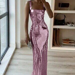 Pink Women'sSquare Neck Fishtail Backless Sleeveless  Metallic Sequin Dress